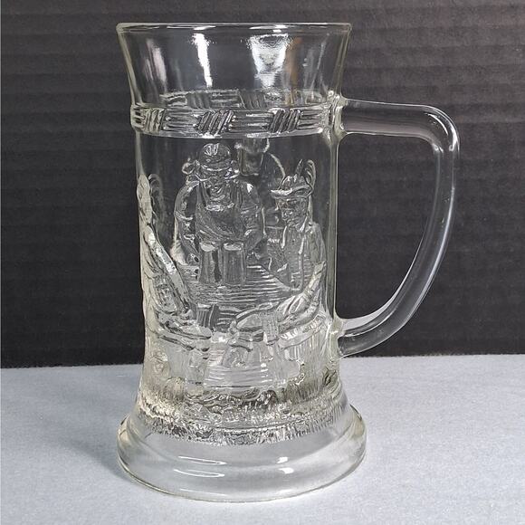 Indiana Glass Other - Indiana Glass Tiara Tavern Beer Stein Glass w/ Handle Relief Bar Scene Clear VTG